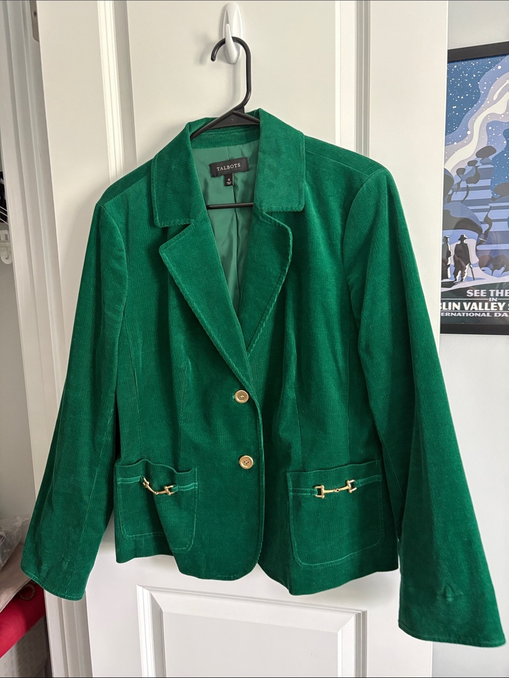 Talbots Emerald Green Corduroy Blazer with Gold Hardware